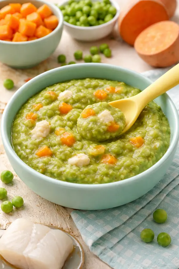 Piure de mazăre cu cod și cartof dulce